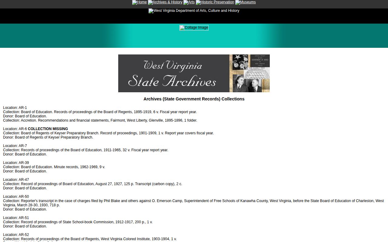 Screenshot of West Virginia State Archives collection descriptions for historical records