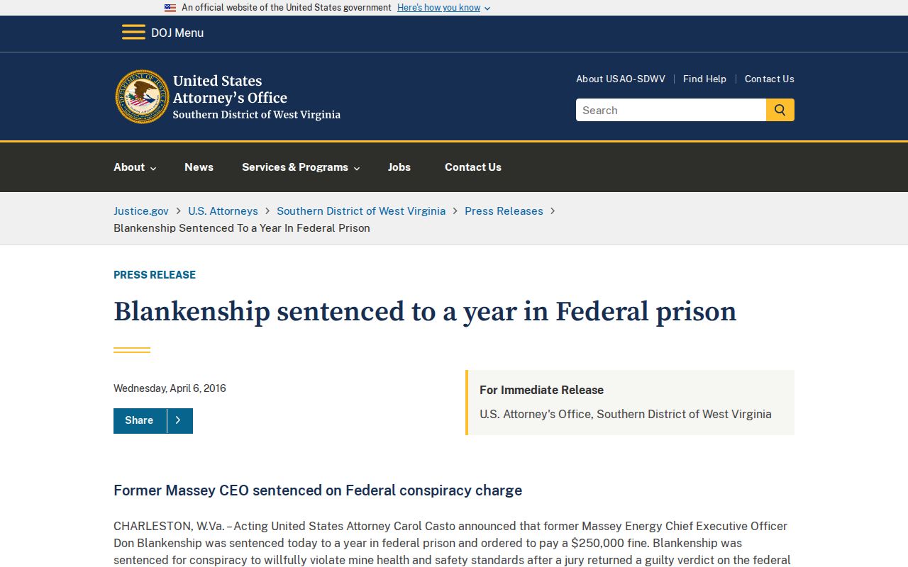 Screenshot of the U.S. Attorney's official Don Blankenship sentencing release