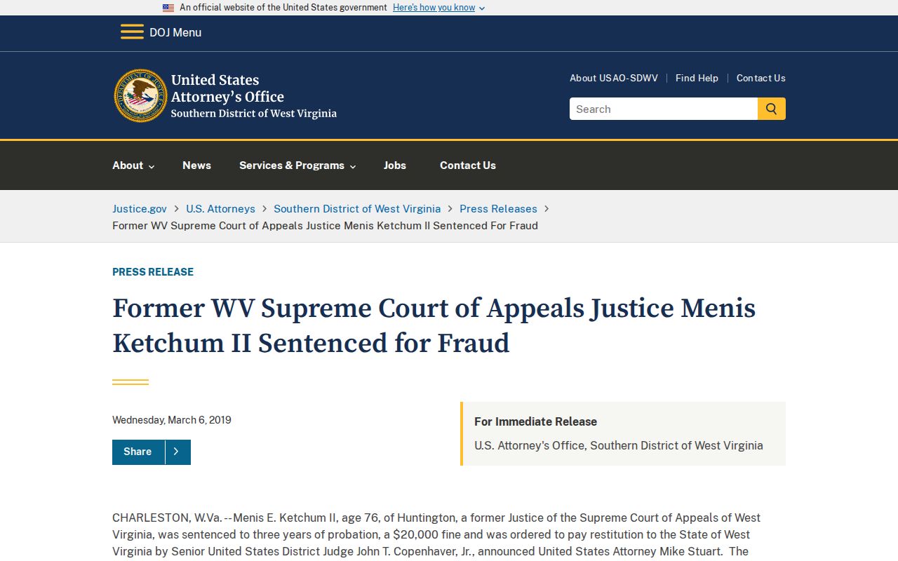 Screenshot of the U.S. Attorney's official Menis Ketchum sentencing release
