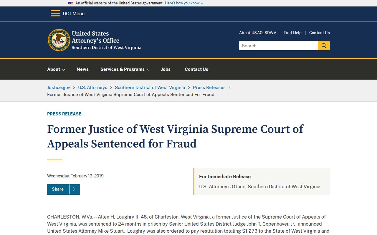 Screenshot of the U.S. Attorney's official Allen Loughry sentencing release