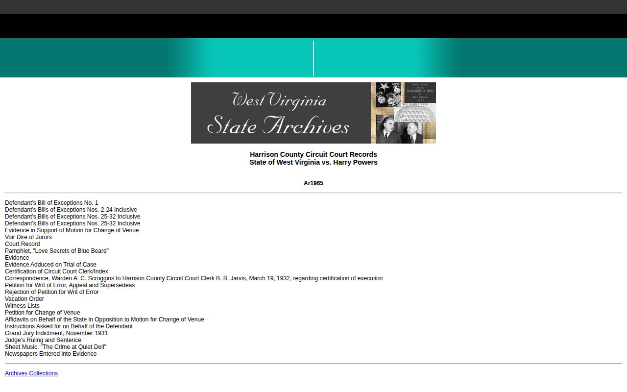 Screenshot of the State Archives finding aid for the Harry Powers Harrison County court records