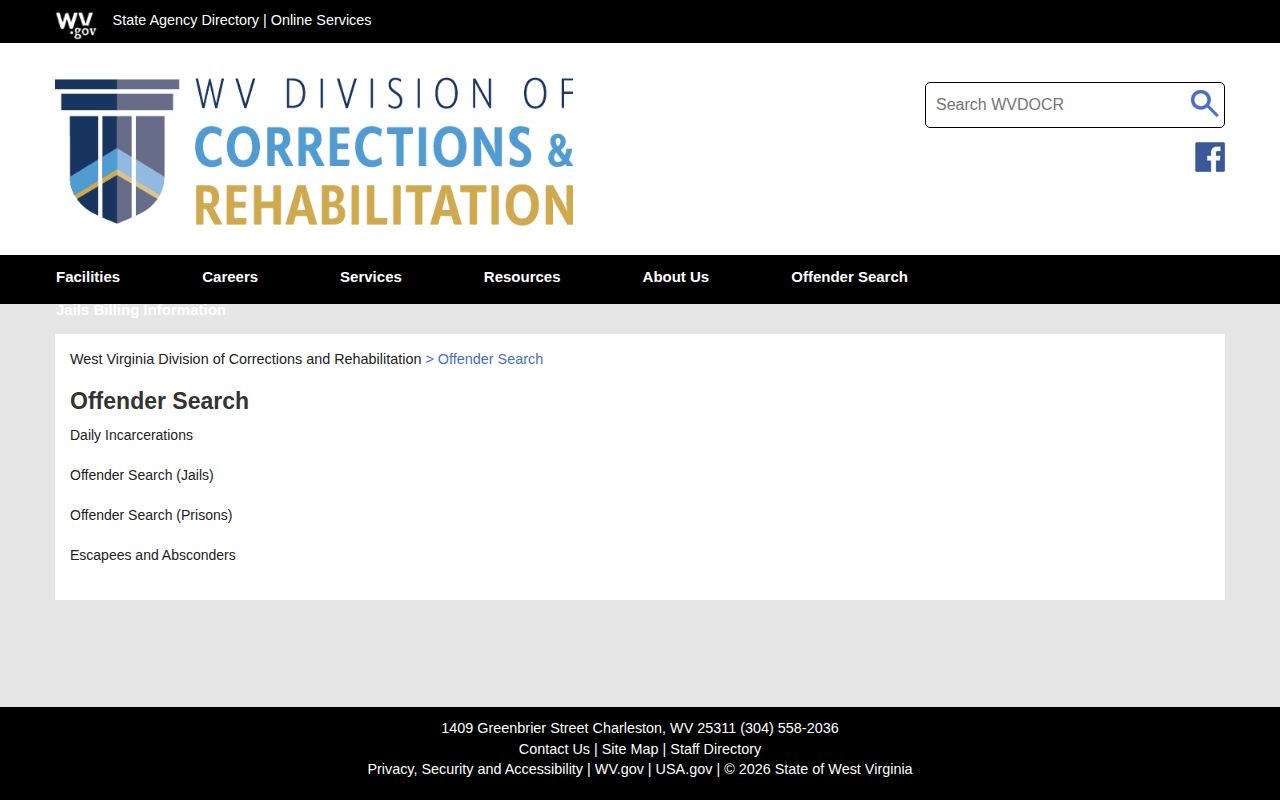 West Virginia WVDCR statewide offender-search hub for custody records
