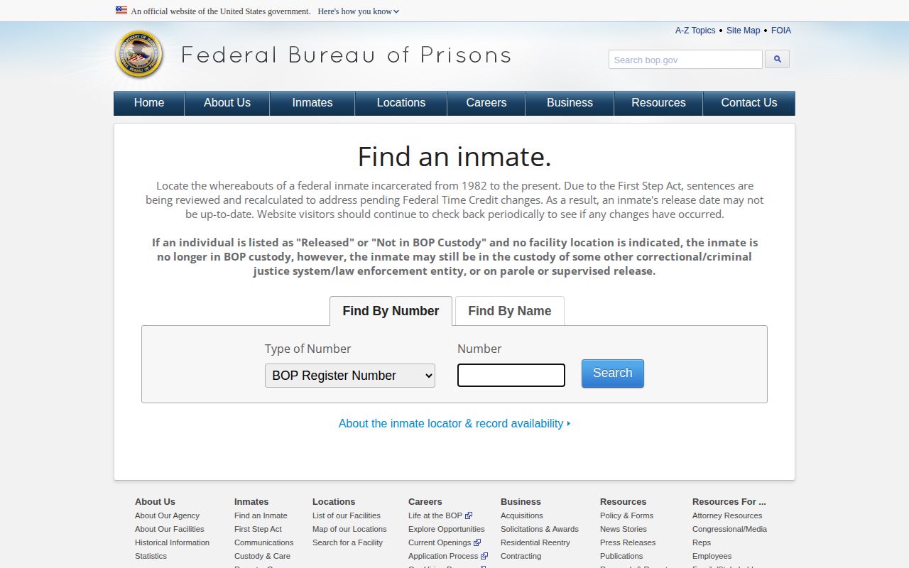 Federal Bureau of Prisons inmate locator context with no public mugshot display