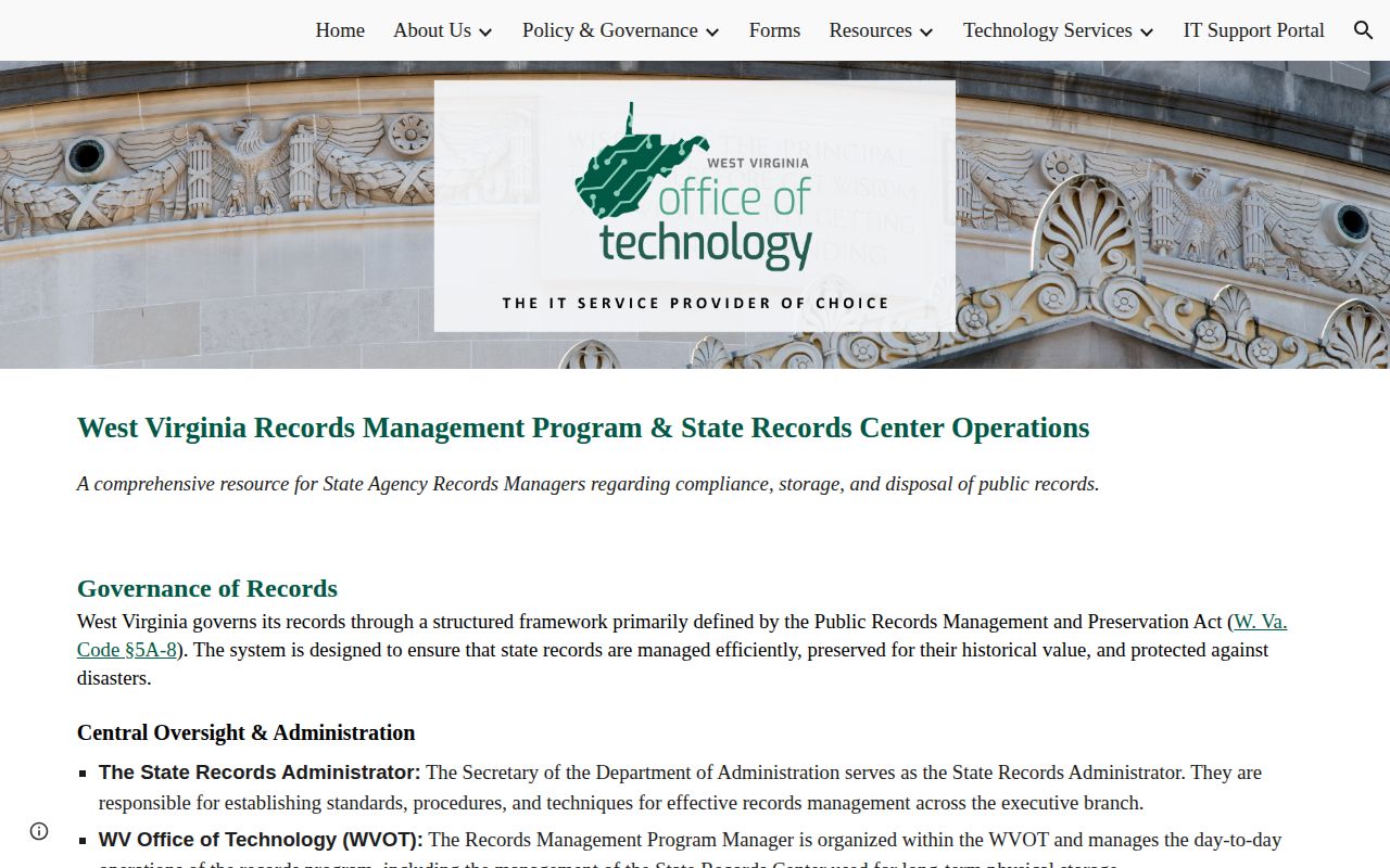West Virginia State Records Center guidance on agency records and retention