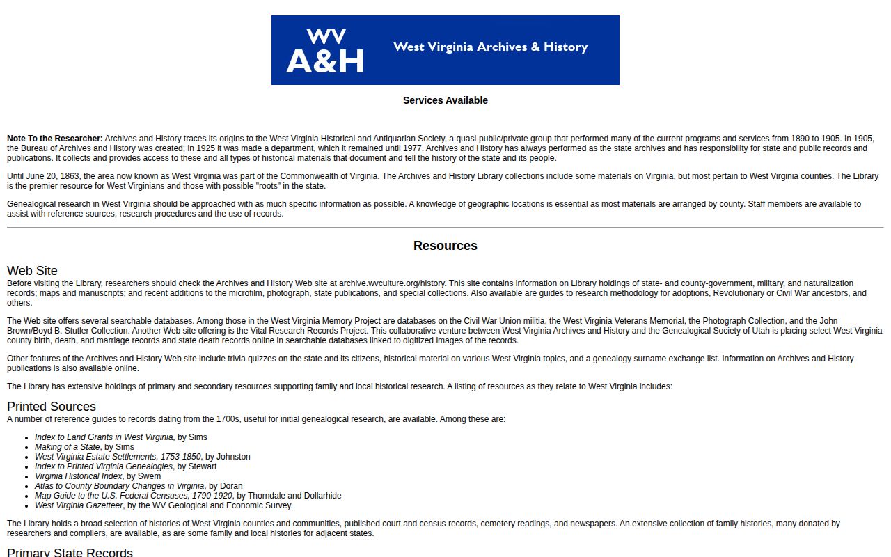 Screenshot of the West Virginia State Archives services and research request information