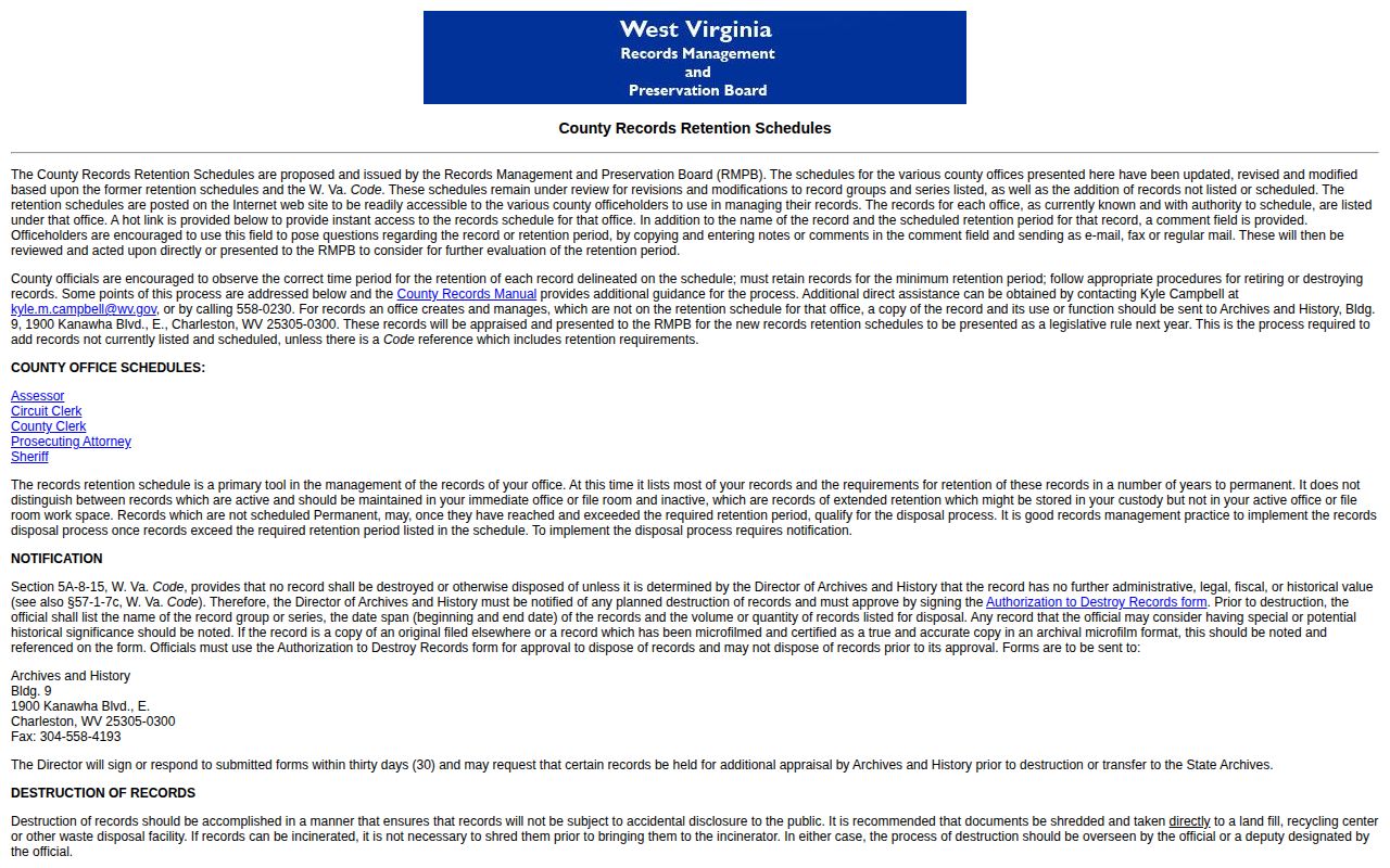 Screenshot of West Virginia county records retention schedule resources