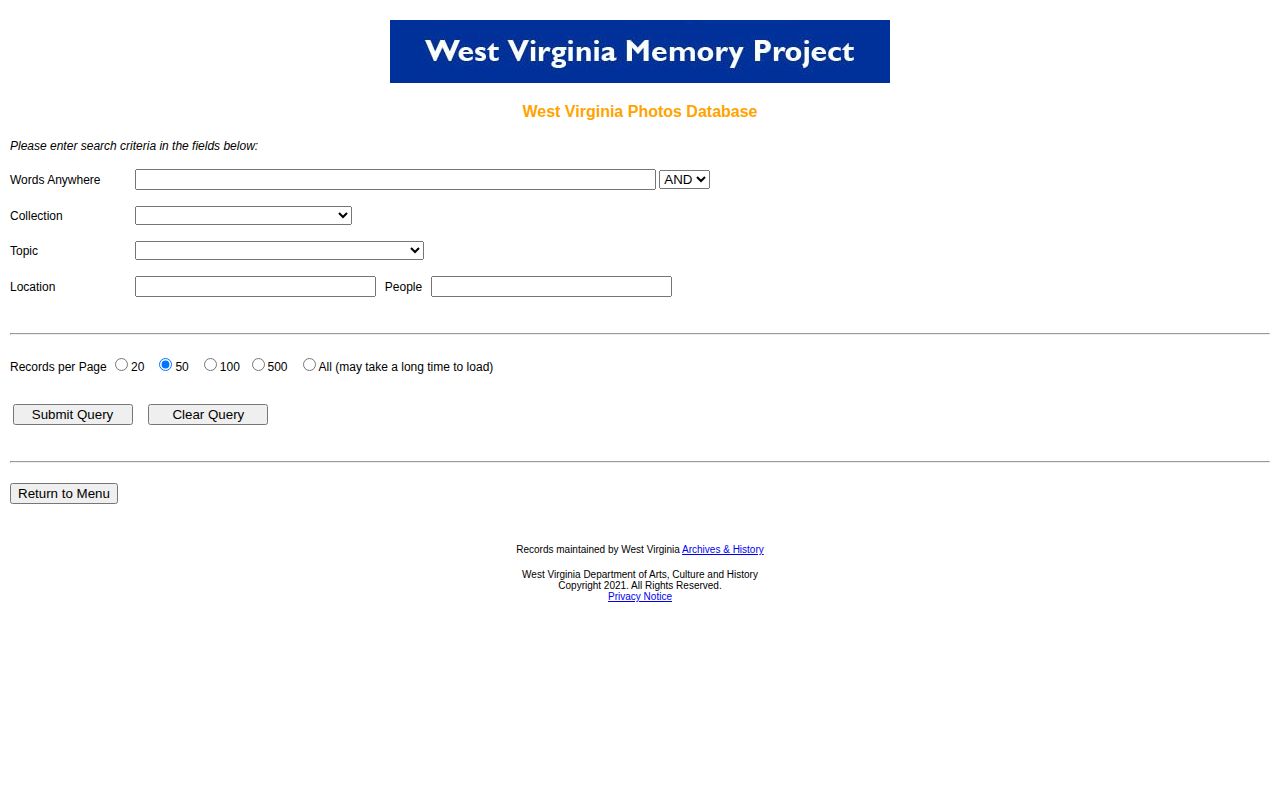 Screenshot of the West Virginia Memory photograph database search interface