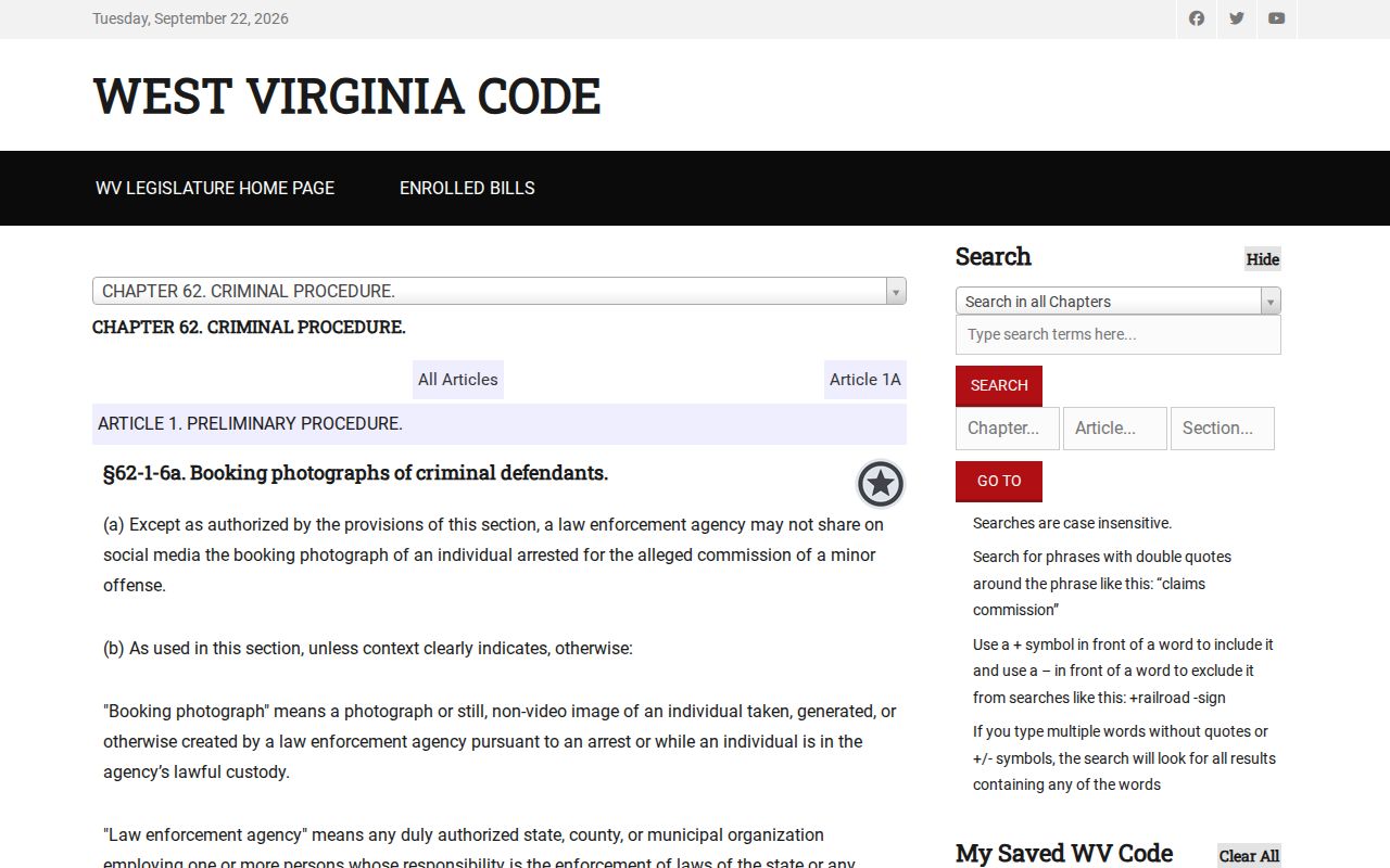 West Virginia statute governing agency social-media booking-photo posts