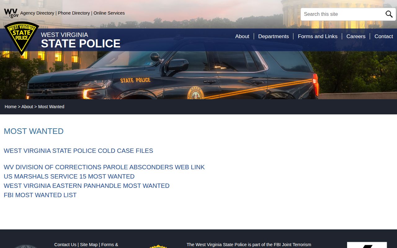 West Virginia State Police Most Wanted page showing official agency links for wanted and cold case information