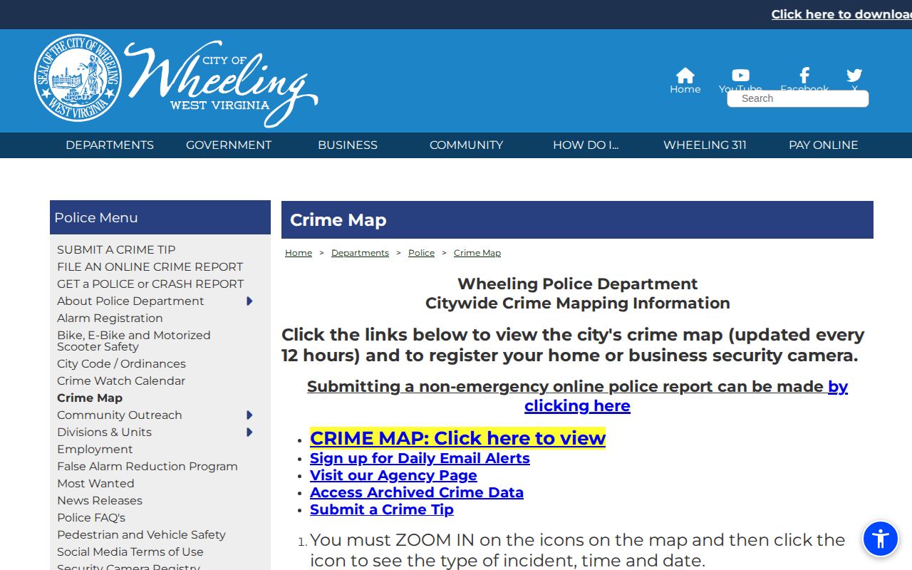 Wheeling incident map, a public safety map rather than a booking-photo roster