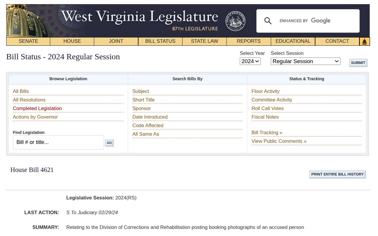 West Virginia legislative history page for the 2024 booking-photo proposal