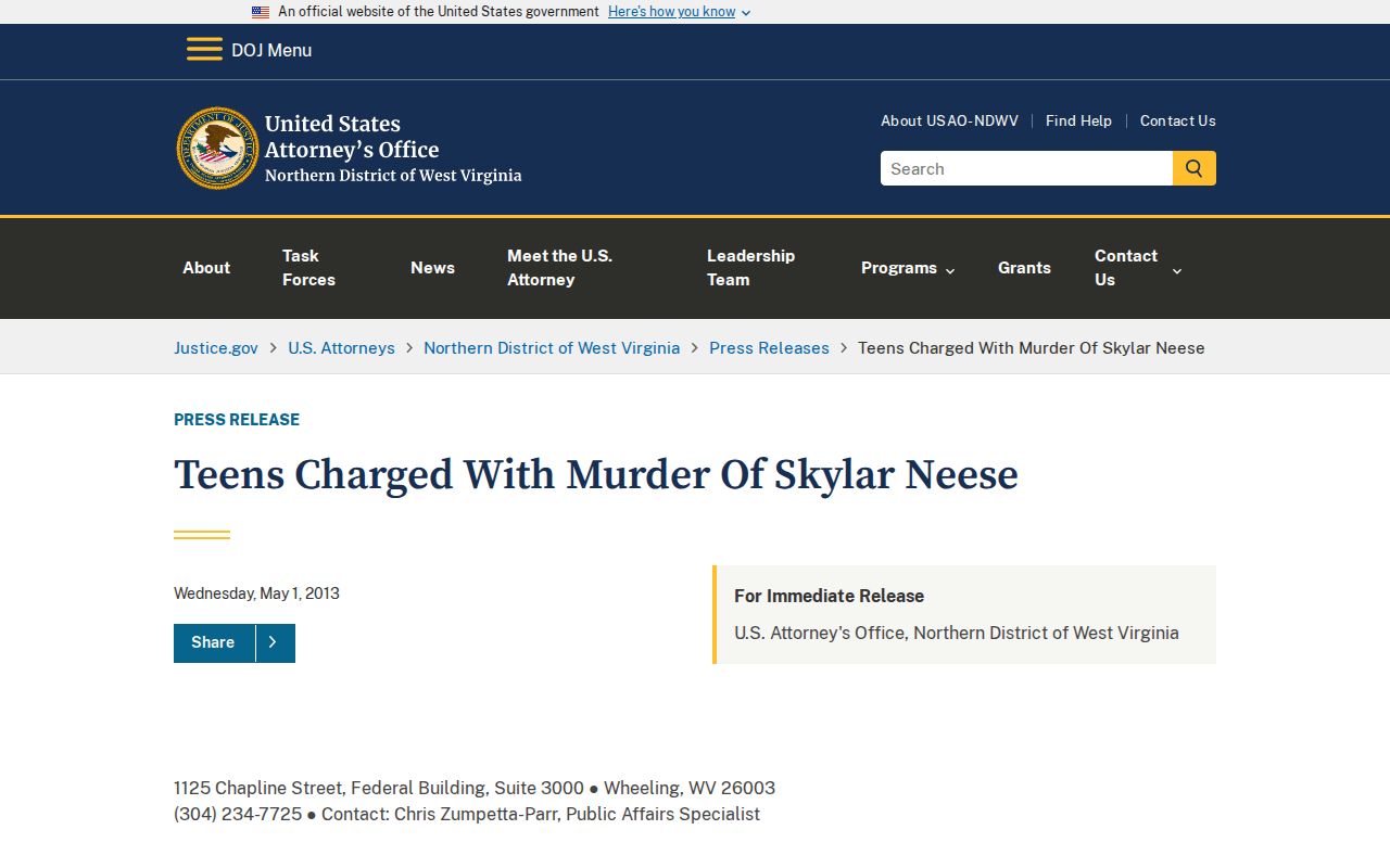 Screenshot of the DOJ case announcement about the Skylar Neese prosecution, without a juvenile photo